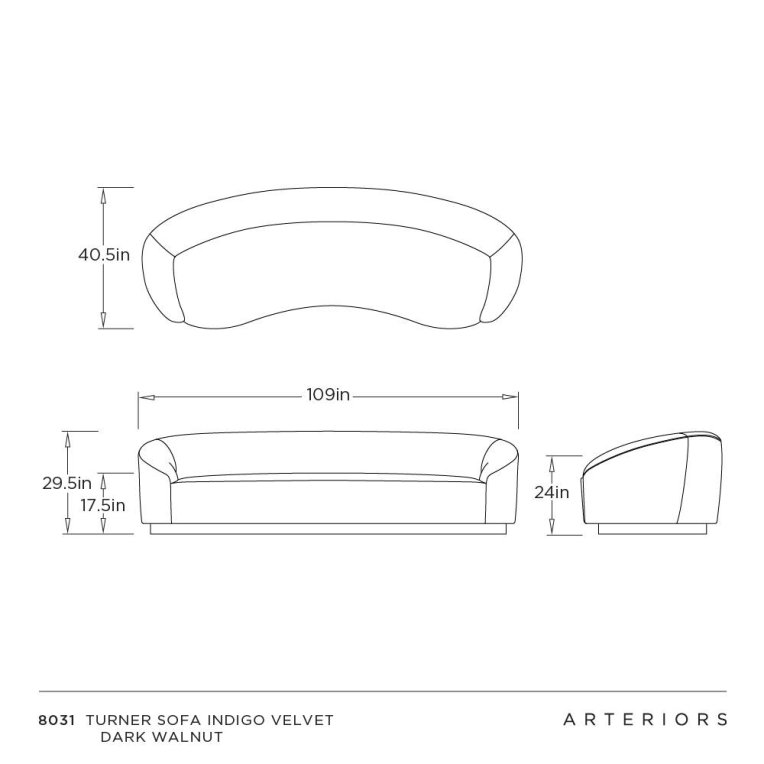 Turner Sofa Indigo Velvet Dark Walnut - Dimensions (Inches)