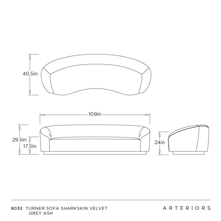 Turner Sofa Sharkskin Velvet Grey Ash - Dimensions (Inches)